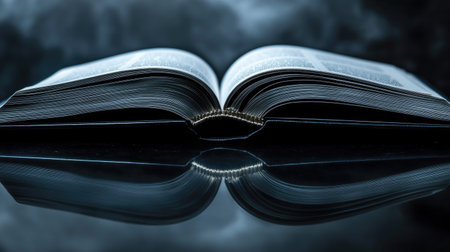 A close-up of an open book with its reflection visible on a sleek black surface.の素材