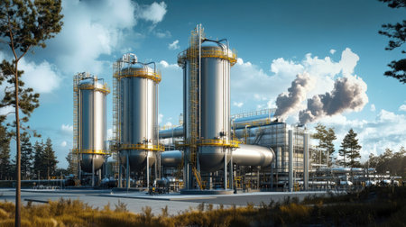 Large vertical compressed gas tanks connected to an industrial pipeline system.の素材