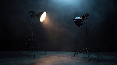 A sleek modern photoshoot setup with a single bright spotlight against a pitch-black backdrop.の素材