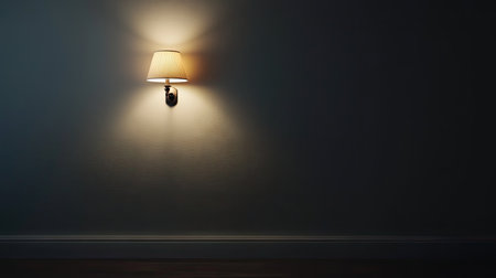 A solitary wall sconce emitting a cozy light in a dark, empty room.の素材