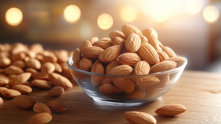 A beautifully lit scene of roasted organic almonds on a table with natural wooden textures.の素材