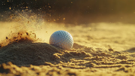 An action shot of a golf ball launched from a sand bunker, with the sun casting dramatic shadows on the sand.の素材