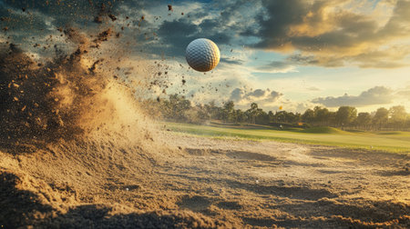 A golf ball flying through the air after being hit from a bunker, sand trails creating a dramatic effect.の素材