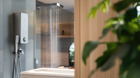 An electric water heater and sleek shower controls in a contemporary bathroom, with a refreshing hot shower being taken.の素材
