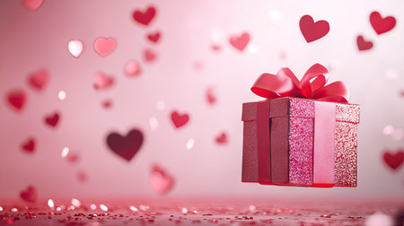 Valentine's Day themed gift box with red hearts falling around it on a sparkling pink background.の素材