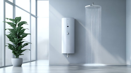An electric water heater and a spacious shower stall in a minimalist bathroom, with the shower's water cascading down in the background.の素材
