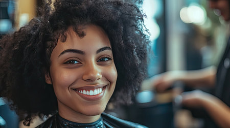 Woman with a peaceful smile, resting in the salon chair as a hairstylist applies shampoo to her hair.の素材
