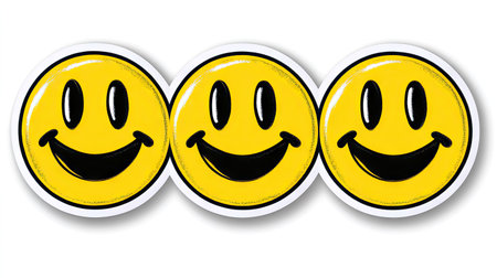 Yellow smiley face sticker perfectly aligned at the center of a pristine white background.の素材