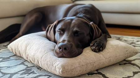 Dog resting its head on a soft pillow dog bed, sleeping peacefully in a comfortable living room.の素材