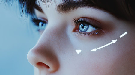 Elegant beauty shot of a womans face, white arrows indicating anti-aging lifting movements.の素材