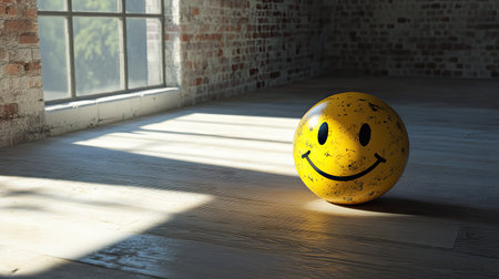 Yellow smiley face sticker casting a soft shadow on a white surface, creating a subtle D effect.の素材