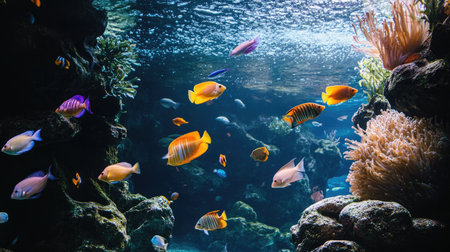 An aquarium tank filled with a mix of small and large fish, creating an active, colorful scene with lush greenery and smooth rocks.の素材