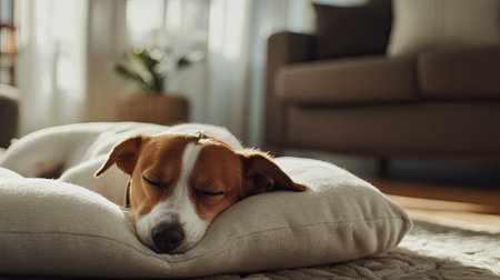 Dog resting its head on a soft pillow dog bed, sleeping peacefully in a comfortable living room.の素材
