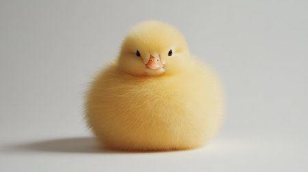 A fluffy, yellow duck on a plain white background, highlighting its round shape and soft feathers.の素材