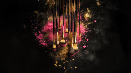 An artistic arrangement of natural bristle brushes with a burst of pink and gold makeup powder suspended mid-air.の素材