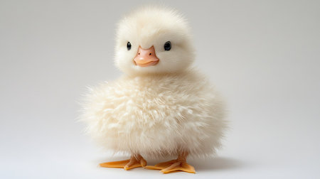Fluffy baby duck with soft feathers, sitting calmly on a plain white background.の素材