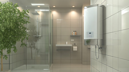 An electric water heater providing hot water to a shower in a clean, minimalist bathroom with sleek tiles and a glass enclosure.の素材