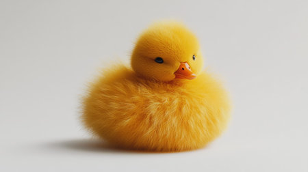A fluffy, yellow duck on a plain white background, highlighting its round shape and soft feathers.の素材
