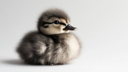 Fluffy baby duck with soft feathers, sitting calmly on a plain white background.の素材
