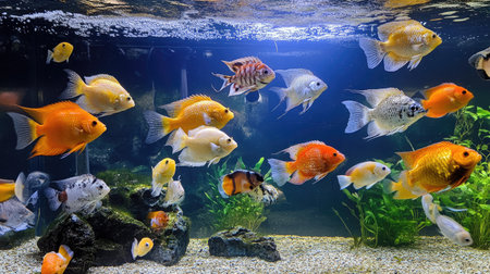 A large aquarium tank showcasing an array of exotic fish, with bright colors and clear water reflecting the beauty of the underwater world.の素材