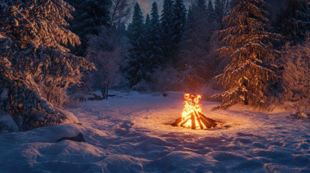 A glowing campfire surrounded by snow in a serene winter forest, with the flames casting a warm light on the frosty ground.の素材