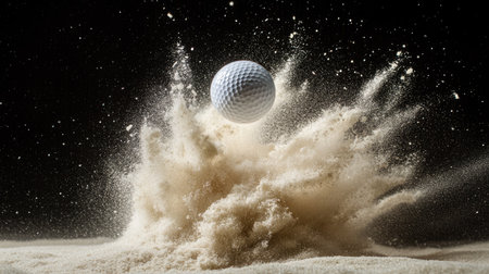 A golf ball mid-air after being struck in a sand bunker, with a dynamic spray of sand frozen in time.の素材