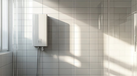 An electric water heater providing hot water to a shower in a clean, minimalist bathroom with sleek tiles and a glass enclosure.の素材