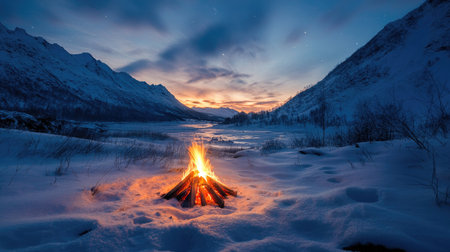 A glowing campfire in a snowy valley, with surrounding hills covered in white and a clear, icy blue sky above.の素材