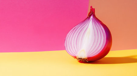 A halved red onion placed upright, showcasing its vibrant purple and white layers on a bright background.の素材