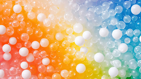An artistic explosion of Styrofoam mini balls, frozen in time with a rainbow gradient background.の素材