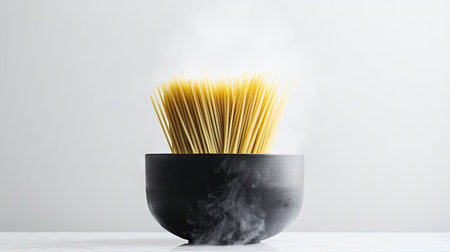 A minimalist kitchen scene with spaghetti boiling in a pot, steam rising elegantly against a white background.の素材