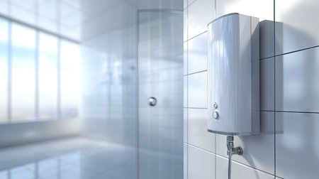 An electric water heater providing hot water to a shower in a clean, minimalist bathroom with sleek tiles and a glass enclosure.の素材