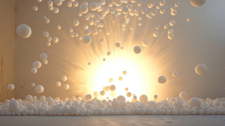 A freeze-frame of Styrofoam mini balls flying outward from the center, with a glowing light source behind them.の素材