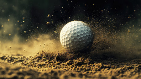 A golf ball in motion, leaving a trail of sand particles behind as it soars from a bunker shot.の素材