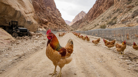 A healthy indoor chicken farm featuring rows of chickens in open cages, with plenty of space to roam, surrounded by clean floors and farm equipment.の素材