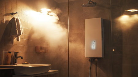 An electric water heater mounted on the bathroom wall, with steam from a warm shower filling the air and creating a relaxing mood.の素材