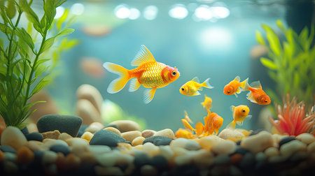 An aquarium tank showcasing a school of small fish swimming together, with a natural underwater environment of rocks and plants.の素材