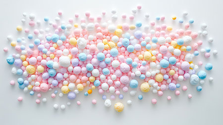A dynamic explosion of Styrofoam mini balls in pastel shades, scattering over a minimalistic white surface.の素材