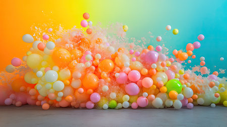 A dynamic display of Styrofoam mini balls in a mix of neon colors, frozen mid-explosion against a gradient background.の素材