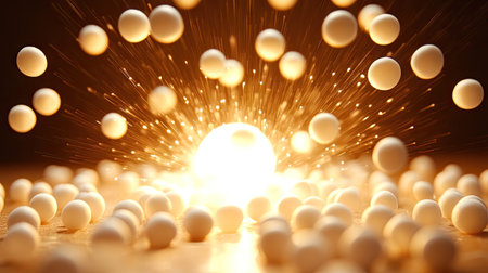 A freeze-frame of Styrofoam mini balls flying outward from the center, with a glowing light source behind them.の素材