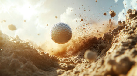 A golf ball exploding off a tee, sand flying dramatically in all directions from a bunker under bright sunlight.の素材