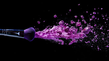 A makeup brush poised mid-air as powder bursts off its bristles, creating a dynamic splash of purple and pink.の素材