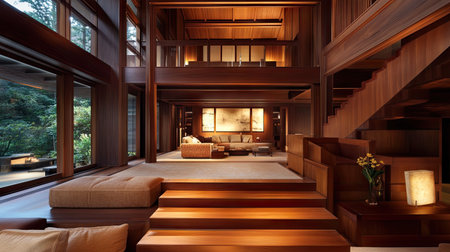 A dramatic view of wooden stairs descending into a spacious, open-concept living area with modern furnishings.の素材