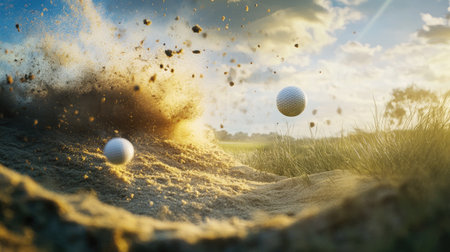 A powerful bunker shot, with sand particles scattering into the air as the golf ball takes flight.の素材