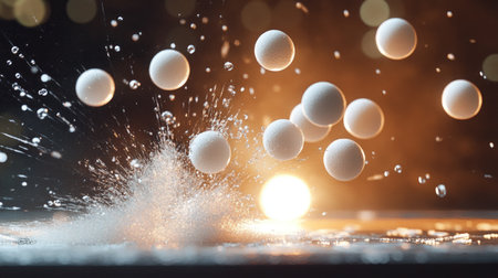 A freeze-frame of Styrofoam mini balls flying outward from the center, with a glowing light source behind them.の素材
