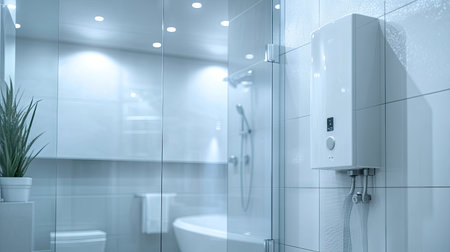 An electric water heater providing hot water to a shower in a clean, minimalist bathroom with sleek tiles and a glass enclosure.の素材