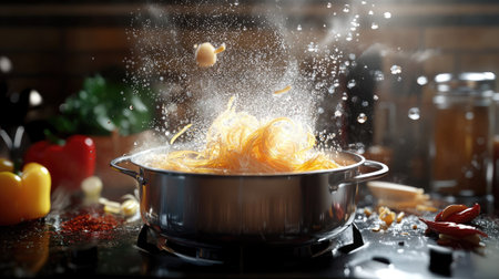 A pot of vigorously boiling water on a stovetop, with spaghetti just starting to cook, surrounded by kitchen spices.の素材