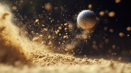 Close-up of a golf ball launching from a sand bunker, grains of sand suspended mid-air in a dynamic burst.の素材