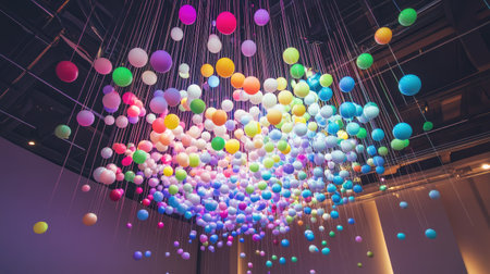 A playful explosion of colorful Styrofoam mini balls suspended mid-air, lit by vibrant, multicolored lighting.の素材