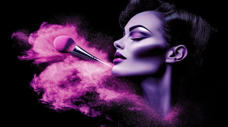 A makeup brush poised mid-air as powder bursts off its bristles, creating a dynamic splash of purple and pink.の素材